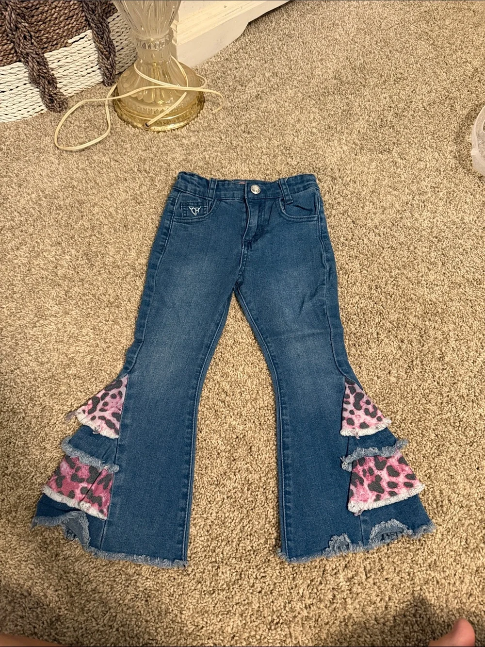 Girls' Dark Blue Denim Flare Jeans with Pink Leopard Ruffle - NWOT